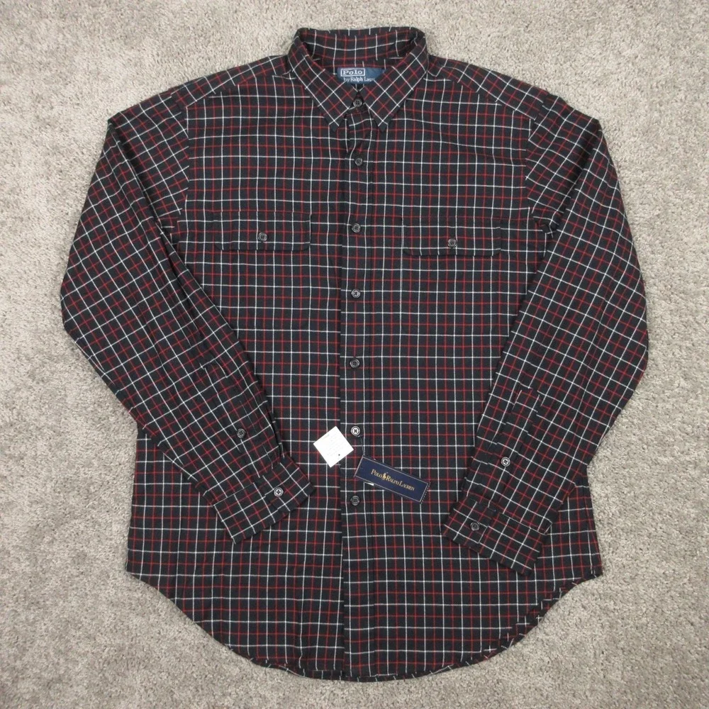 Polo Ralph Lauren Shirt Men Large Black Plaid Two Pocket Twill Flannel Button Up